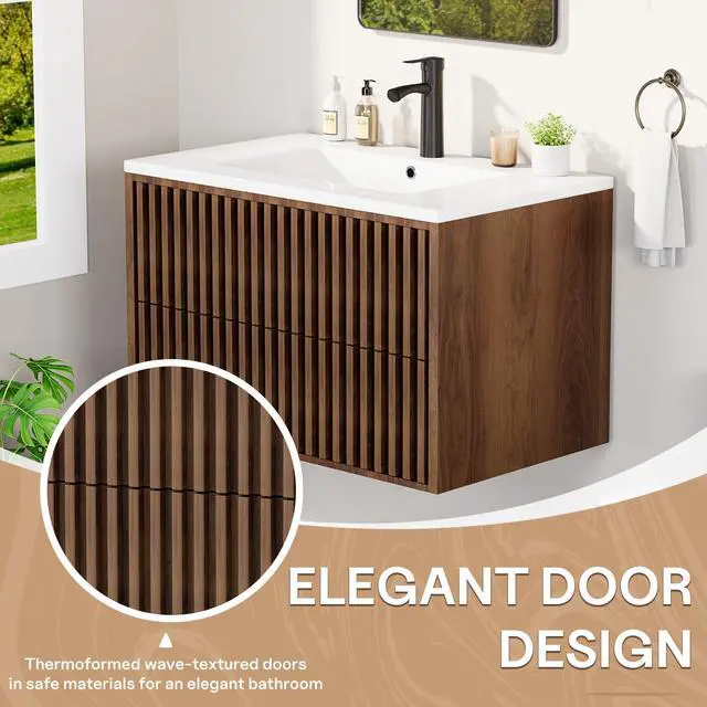 Alt view image 3 of 6 - 30 Inch Bathroom Vanity with Sink Combo, Floating Vanity with 2 Fluted Drawers, Silent Slides, Floating Wall Mounted Bathroom Cabinet Includes Faucet & Adjustable Drainpipe, Walnut