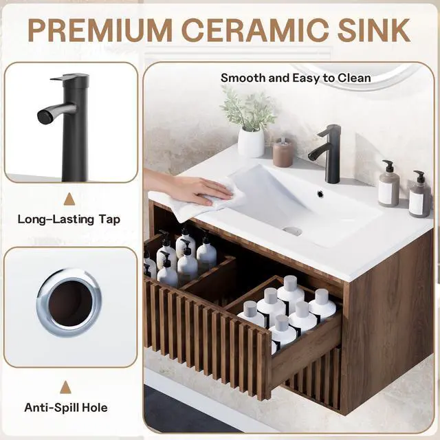 Alt view image 4 of 6 - 30 Inch Bathroom Vanity with Sink Combo, Floating Vanity with 2 Fluted Drawers, Silent Slides, Floating Wall Mounted Bathroom Cabinet Includes Faucet & Adjustable Drainpipe, Walnut