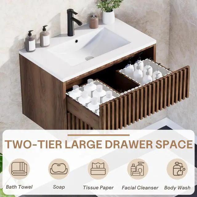 Alt view image 5 of 6 - 30 Inch Bathroom Vanity with Sink Combo, Floating Vanity with 2 Fluted Drawers, Silent Slides, Floating Wall Mounted Bathroom Cabinet Includes Faucet & Adjustable Drainpipe, Walnut