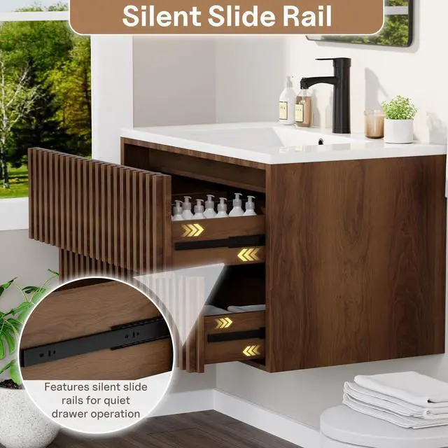 Alt view image 6 of 6 - 30 Inch Bathroom Vanity with Sink Combo, Floating Vanity with 2 Fluted Drawers, Silent Slides, Floating Wall Mounted Bathroom Cabinet Includes Faucet & Adjustable Drainpipe, Walnut