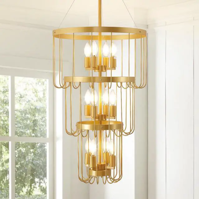 Main image of 18 Inch Gold Foyer Chandelier,12 Light Lantern Tiered Pendant Light Fixtures,Modern Foyer Lighting Fixtures,Farmhouse Chandelier for Entryway,Large Chandeliers for High Ceilings,for Staircase,Entrance