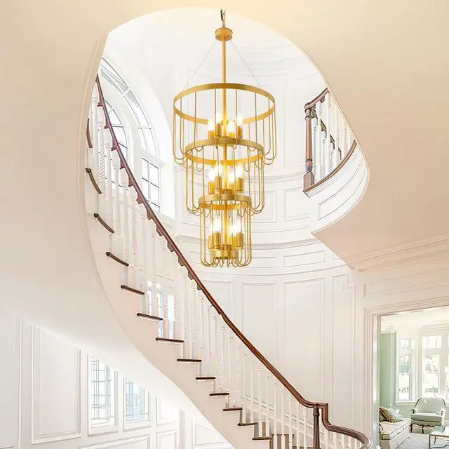 Alt view image 2 of 6 - 18 Inch Gold Foyer Chandelier,12 Light Lantern Tiered Pendant Light Fixtures,Modern Foyer Lighting Fixtures,Farmhouse Chandelier for Entryway,Large Chandeliers for High Ceilings,for Staircase,Entrance