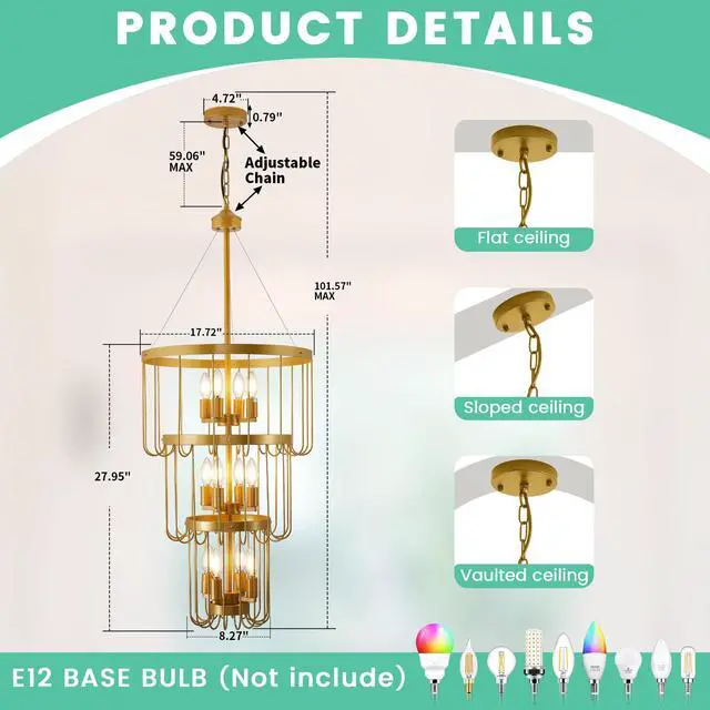Alt view image 3 of 6 - 18 Inch Gold Foyer Chandelier,12 Light Lantern Tiered Pendant Light Fixtures,Modern Foyer Lighting Fixtures,Farmhouse Chandelier for Entryway,Large Chandeliers for High Ceilings,for Staircase,Entrance
