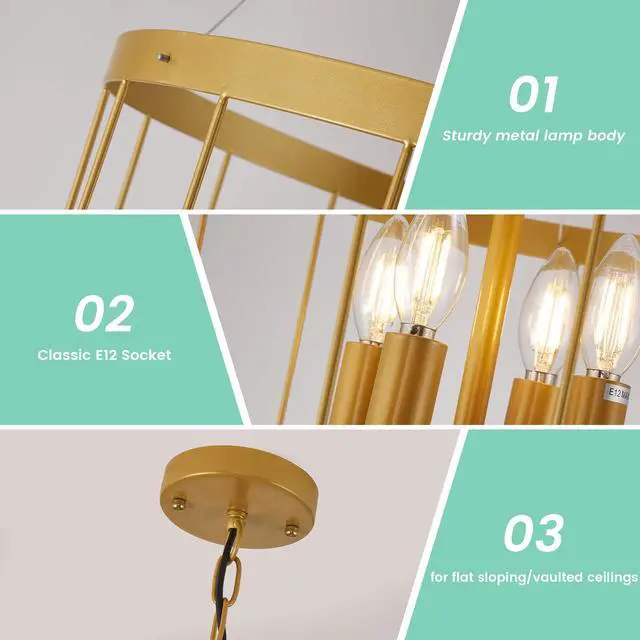 Alt view image 4 of 6 - 18 Inch Gold Foyer Chandelier,12 Light Lantern Tiered Pendant Light Fixtures,Modern Foyer Lighting Fixtures,Farmhouse Chandelier for Entryway,Large Chandeliers for High Ceilings,for Staircase,Entrance