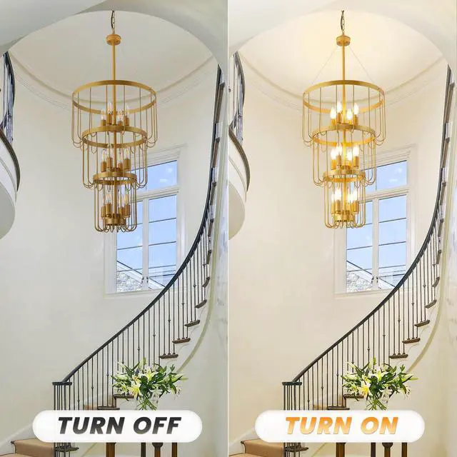 Alt view image 5 of 6 - 18 Inch Gold Foyer Chandelier,12 Light Lantern Tiered Pendant Light Fixtures,Modern Foyer Lighting Fixtures,Farmhouse Chandelier for Entryway,Large Chandeliers for High Ceilings,for Staircase,Entrance