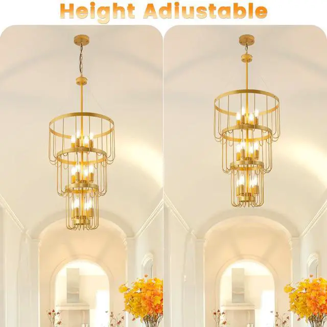 Alt view image 6 of 6 - 18 Inch Gold Foyer Chandelier,12 Light Lantern Tiered Pendant Light Fixtures,Modern Foyer Lighting Fixtures,Farmhouse Chandelier for Entryway,Large Chandeliers for High Ceilings,for Staircase,Entrance