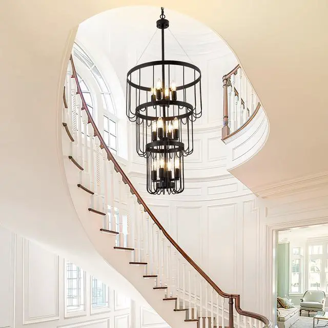 Alt view image 2 of 6 - 18 Inch Black Farmhouse Chandelier,12 Light Lantern Tiered Pendant Light Fixtures,Modern Foyer Lighting Fixtures,Round Chandeliers for Entryway,Large Chandeliers for High Ceilings,for Staircase,Entry