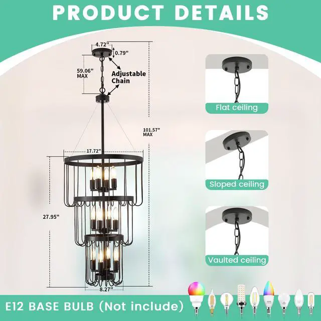 Alt view image 3 of 6 - 18 Inch Black Farmhouse Chandelier,12 Light Lantern Tiered Pendant Light Fixtures,Modern Foyer Lighting Fixtures,Round Chandeliers for Entryway,Large Chandeliers for High Ceilings,for Staircase,Entry