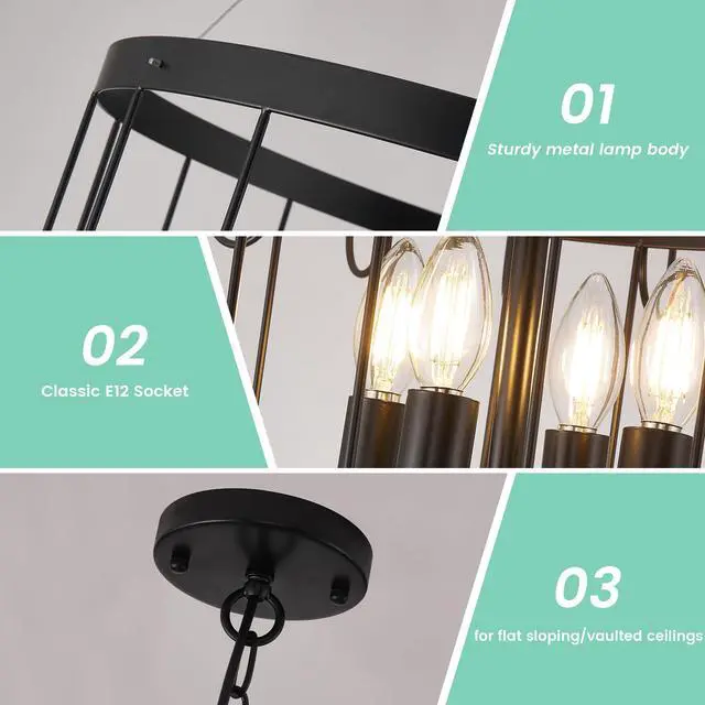 Alt view image 4 of 6 - 18 Inch Black Farmhouse Chandelier,12 Light Lantern Tiered Pendant Light Fixtures,Modern Foyer Lighting Fixtures,Round Chandeliers for Entryway,Large Chandeliers for High Ceilings,for Staircase,Entry