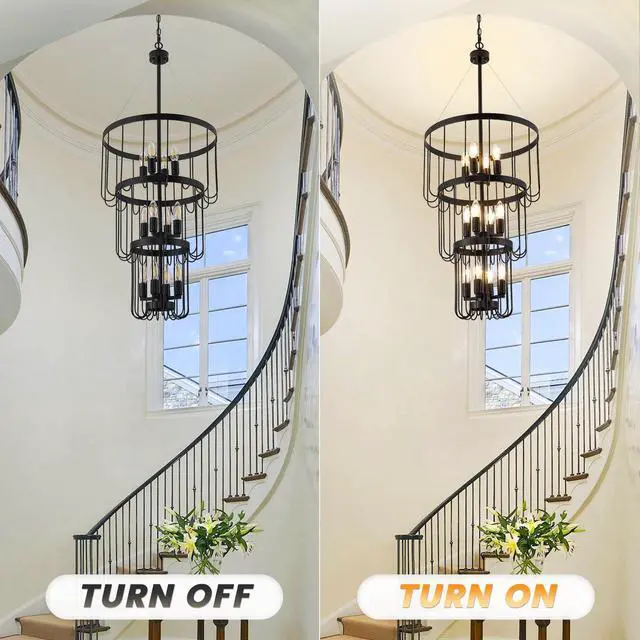 Alt view image 5 of 6 - 18 Inch Black Farmhouse Chandelier,12 Light Lantern Tiered Pendant Light Fixtures,Modern Foyer Lighting Fixtures,Round Chandeliers for Entryway,Large Chandeliers for High Ceilings,for Staircase,Entry