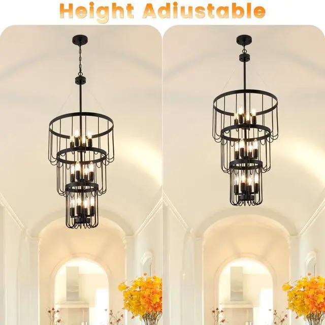 Alt view image 6 of 6 - 18 Inch Black Farmhouse Chandelier,12 Light Lantern Tiered Pendant Light Fixtures,Modern Foyer Lighting Fixtures,Round Chandeliers for Entryway,Large Chandeliers for High Ceilings,for Staircase,Entry