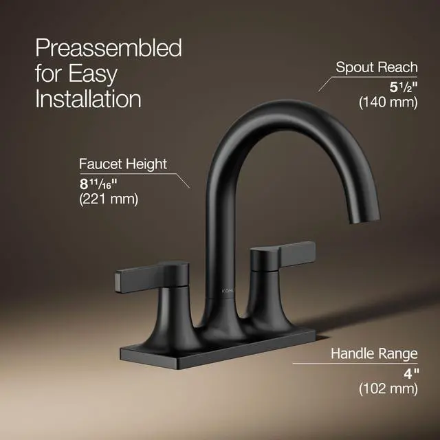 Alt view image 3 of 6 - K-28124-4-BL Venza® Centerset Bathroom Sink Faucet, 3-Hole, 1.2 GPM, Easy Installation, Corrosion Resistant, Matte Black