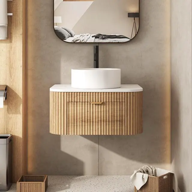 Main image of 24 Inch Floating Bathroom Vanity with Sink Combo, Wall Mounted Vanity with Marble Look Wooden Countertop & Ceramic Sink, Modern Fluted Cabinet with Storage Drawer, Natural Wood Grain