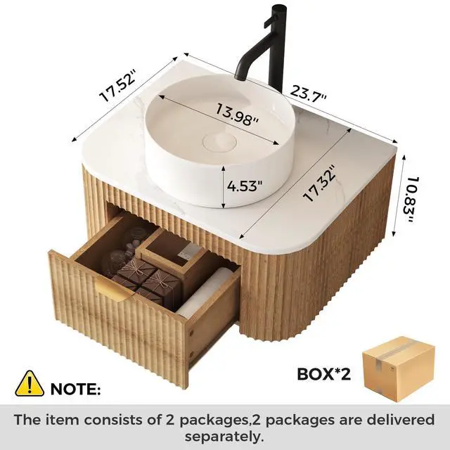 Alt view image 2 of 6 - 24 Inch Floating Bathroom Vanity with Sink Combo, Wall Mounted Vanity with Marble Look Wooden Countertop & Ceramic Sink, Modern Fluted Cabinet with Storage Drawer, Natural Wood Grain