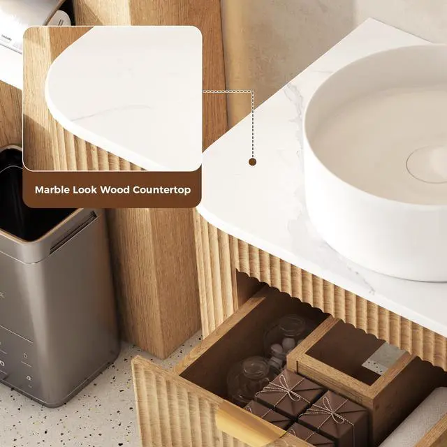 Alt view image 4 of 6 - 24 Inch Floating Bathroom Vanity with Sink Combo, Wall Mounted Vanity with Marble Look Wooden Countertop & Ceramic Sink, Modern Fluted Cabinet with Storage Drawer, Natural Wood Grain