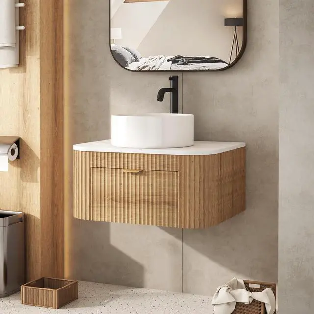 Alt view image 5 of 6 - 24 Inch Floating Bathroom Vanity with Sink Combo, Wall Mounted Vanity with Marble Look Wooden Countertop & Ceramic Sink, Modern Fluted Cabinet with Storage Drawer, Natural Wood Grain