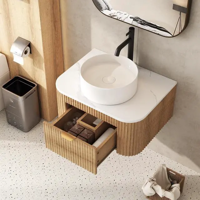Alt view image 6 of 6 - 24 Inch Floating Bathroom Vanity with Sink Combo, Wall Mounted Vanity with Marble Look Wooden Countertop & Ceramic Sink, Modern Fluted Cabinet with Storage Drawer, Natural Wood Grain