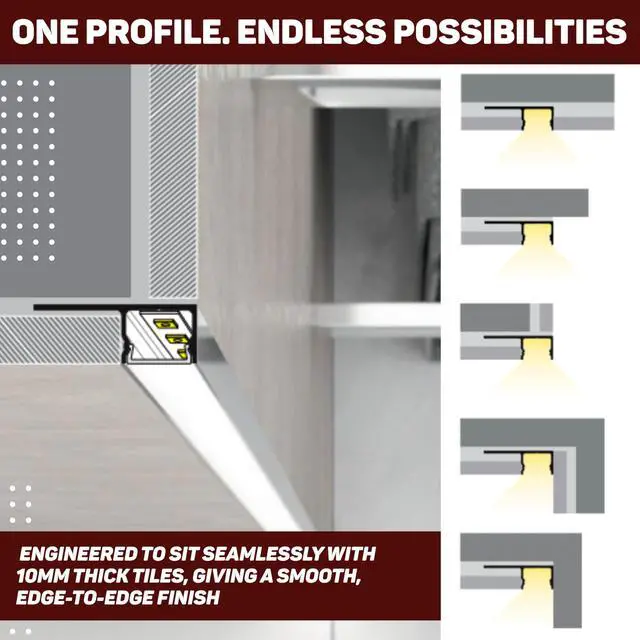 Alt view image 6 of 6 - UniTile12 Tile Edge LED Strip Light Channel 180 Degree Aluminum Profile for Recessed Accent Lighting Heat Sink Design for Flat Tiled Surfaces Showers Kitchens Bathrooms (1828mm (72"))