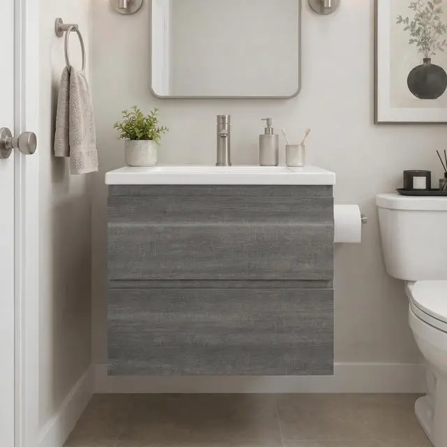 Main image of 24 Inch Floating Bathroom Vanity with Sink, Gray Wall Mounted Vanity Cabinet with 2 Drawers, Ceramic Sink, Soft Close Slides for Small Bathroom, Powder Room
