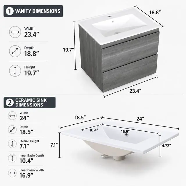 Alt view image 2 of 6 - 24 Inch Floating Bathroom Vanity with Sink, Gray Wall Mounted Vanity Cabinet with 2 Drawers, Ceramic Sink, Soft Close Slides for Small Bathroom, Powder Room