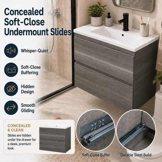 Alt view image 4 of 6 - 24 Inch Floating Bathroom Vanity with Sink, Gray Wall Mounted Vanity Cabinet with 2 Drawers, Ceramic Sink, Soft Close Slides for Small Bathroom, Powder Room