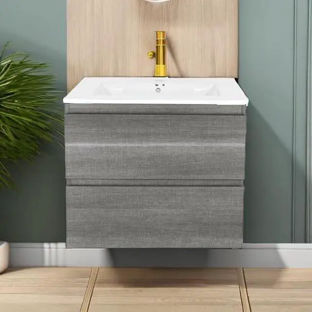 Alt view image 6 of 6 - 24 Inch Floating Bathroom Vanity with Sink, Gray Wall Mounted Vanity Cabinet with 2 Drawers, Ceramic Sink, Soft Close Slides for Small Bathroom, Powder Room