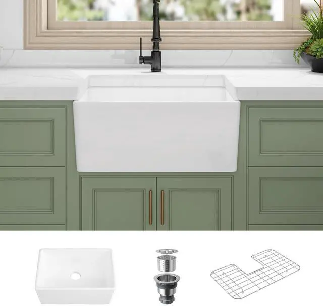 Main image of Farmhouse Sink, 24 Inch x 16 Inch White Farm Sink Small Farmhouse Kitchen Sink Apron Sink, 24" Kitchen Sink Single Bowl Prep Bar Sink, Laundry Sink with Bottom Grid and Strainer Drain