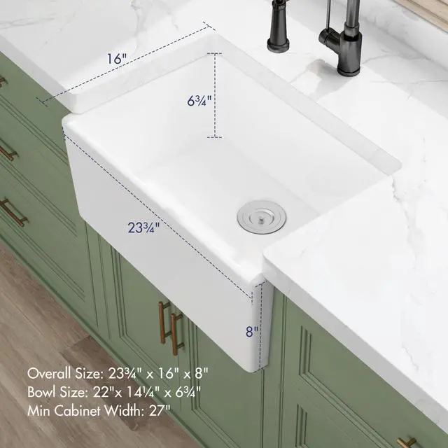Alt view image 4 of 6 - Farmhouse Sink, 24 Inch x 16 Inch White Farm Sink Small Farmhouse Kitchen Sink Apron Sink, 24" Kitchen Sink Single Bowl Prep Bar Sink, Laundry Sink with Bottom Grid and Strainer Drain