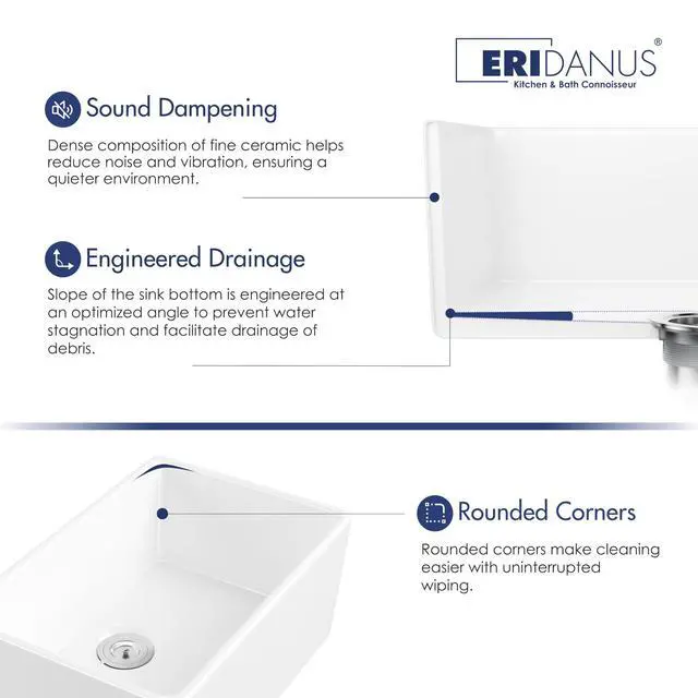 Alt view image 6 of 6 - Farmhouse Sink, 24 Inch x 16 Inch White Farm Sink Small Farmhouse Kitchen Sink Apron Sink, 24" Kitchen Sink Single Bowl Prep Bar Sink, Laundry Sink with Bottom Grid and Strainer Drain