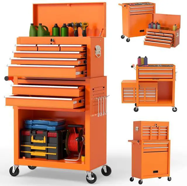 Main image of 8 Drawer Rolling Tool Chest, Large Capacity Rolling Tool Box with Wheels, Locking Mechanical Tool Chest, Portable Tool Box with Sliding Drawers for Garage Workshop and Tool Room (Orange)