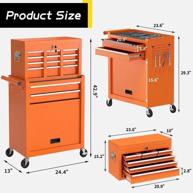 Alt view image 3 of 6 - 8 Drawer Rolling Tool Chest, Large Capacity Rolling Tool Box with Wheels, Locking Mechanical Tool Chest, Portable Tool Box with Sliding Drawers for Garage Workshop and Tool Room (Orange)
