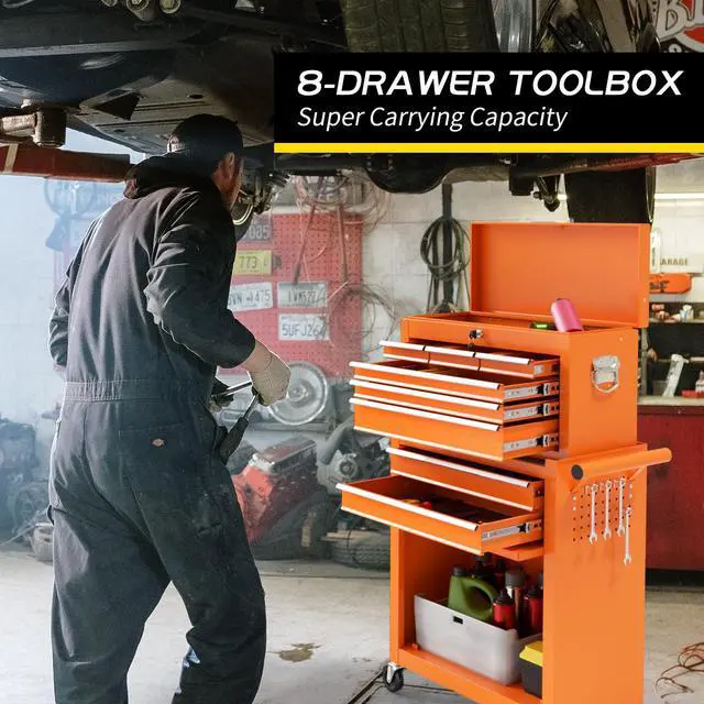 Alt view image 4 of 6 - 8 Drawer Rolling Tool Chest, Large Capacity Rolling Tool Box with Wheels, Locking Mechanical Tool Chest, Portable Tool Box with Sliding Drawers for Garage Workshop and Tool Room (Orange)