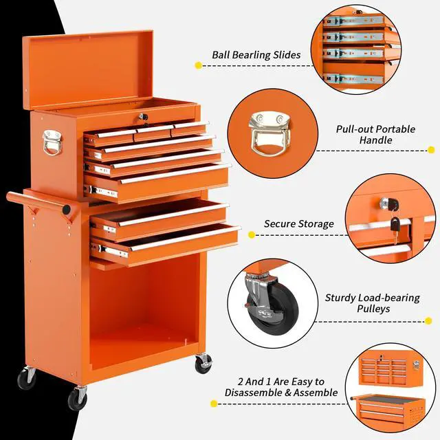 Alt view image 5 of 6 - 8 Drawer Rolling Tool Chest, Large Capacity Rolling Tool Box with Wheels, Locking Mechanical Tool Chest, Portable Tool Box with Sliding Drawers for Garage Workshop and Tool Room (Orange)