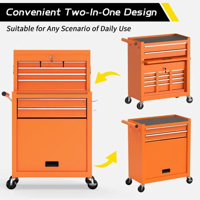 Alt view image 6 of 6 - 8 Drawer Rolling Tool Chest, Large Capacity Rolling Tool Box with Wheels, Locking Mechanical Tool Chest, Portable Tool Box with Sliding Drawers for Garage Workshop and Tool Room (Orange)
