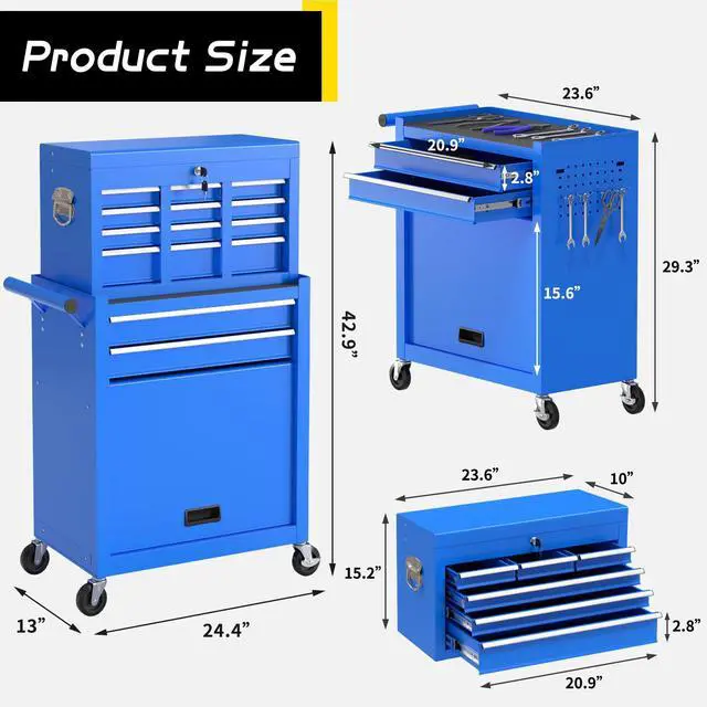 Alt view image 3 of 6 - 8 Drawer Rolling Tool Chest, Large Capacity Rolling Tool Box with Wheels, Locking Mechanical Tool Chest, Portable Tool Box with Sliding Drawers for Garage Workshop and Tool Room (Blue)