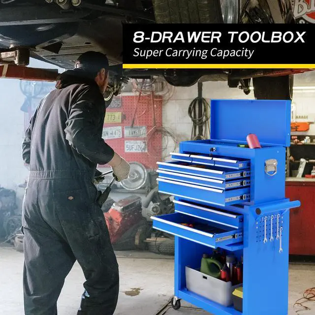 Alt view image 4 of 6 - 8 Drawer Rolling Tool Chest, Large Capacity Rolling Tool Box with Wheels, Locking Mechanical Tool Chest, Portable Tool Box with Sliding Drawers for Garage Workshop and Tool Room (Blue)