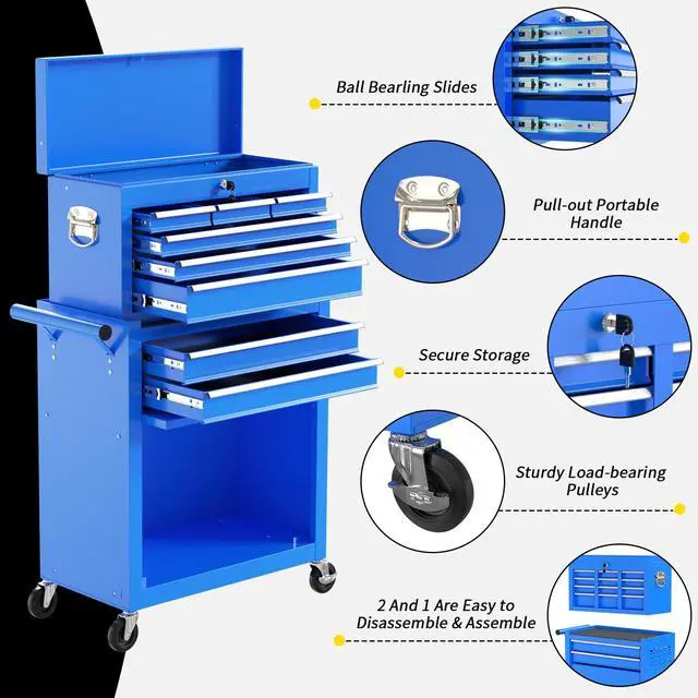 Alt view image 5 of 6 - 8 Drawer Rolling Tool Chest, Large Capacity Rolling Tool Box with Wheels, Locking Mechanical Tool Chest, Portable Tool Box with Sliding Drawers for Garage Workshop and Tool Room (Blue)