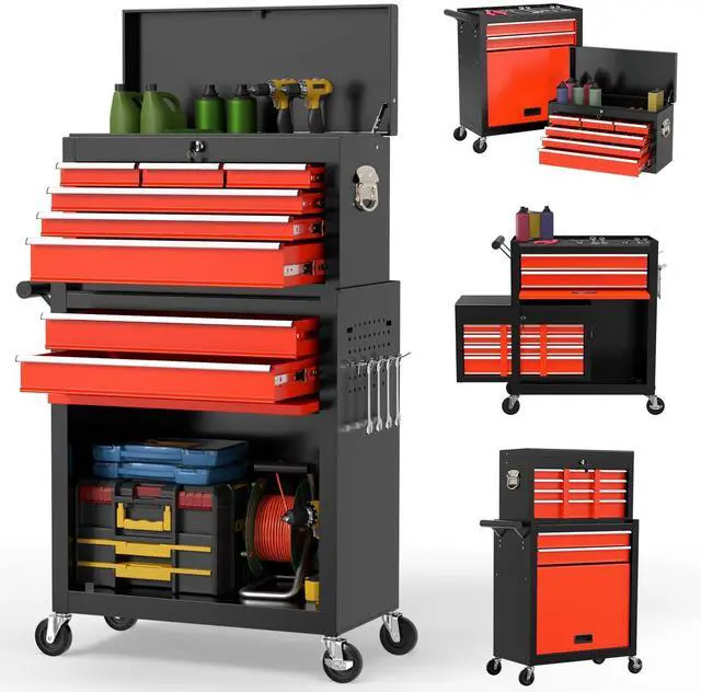 Main image of 8 Drawer Rolling Tool Chest, Large Capacity Rolling Tool Box with Wheels, Locking Mechanical Tool Chest, Portable Tool Box with Sliding Drawers for Garage Workshop and Tool Room (Black Red)