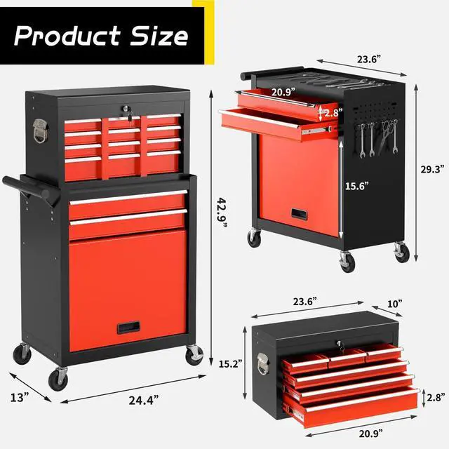 Alt view image 3 of 6 - 8 Drawer Rolling Tool Chest, Large Capacity Rolling Tool Box with Wheels, Locking Mechanical Tool Chest, Portable Tool Box with Sliding Drawers for Garage Workshop and Tool Room (Black Red)