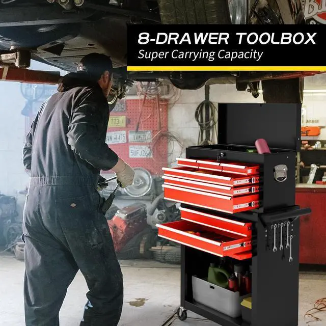 Alt view image 4 of 6 - 8 Drawer Rolling Tool Chest, Large Capacity Rolling Tool Box with Wheels, Locking Mechanical Tool Chest, Portable Tool Box with Sliding Drawers for Garage Workshop and Tool Room (Black Red)