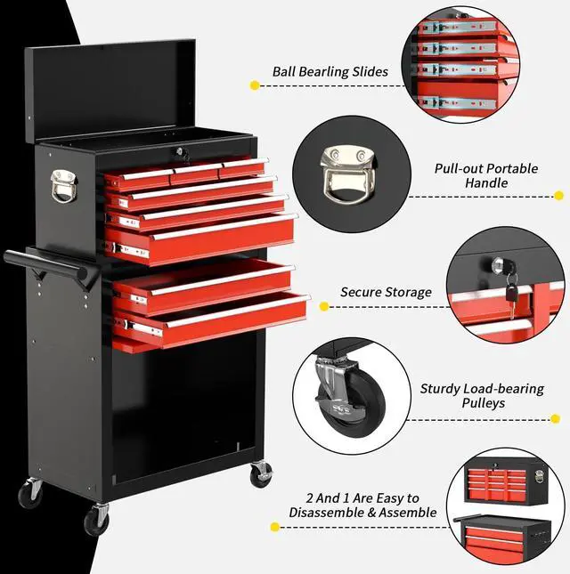 Alt view image 5 of 6 - 8 Drawer Rolling Tool Chest, Large Capacity Rolling Tool Box with Wheels, Locking Mechanical Tool Chest, Portable Tool Box with Sliding Drawers for Garage Workshop and Tool Room (Black Red)