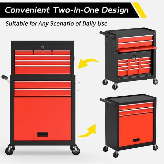 Alt view image 6 of 6 - 8 Drawer Rolling Tool Chest, Large Capacity Rolling Tool Box with Wheels, Locking Mechanical Tool Chest, Portable Tool Box with Sliding Drawers for Garage Workshop and Tool Room (Black Red)