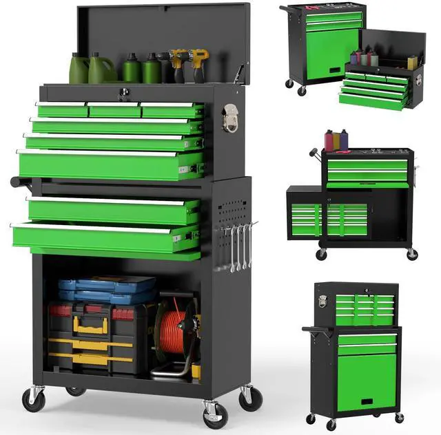 Main image of 8 Drawer Rolling Tool Chest, Large Capacity Rolling Tool Box with Wheels, Locking Mechanical Tool Chest, Portable Tool Box with Sliding Drawers for Garage Workshop and Tool Room (Black Green)