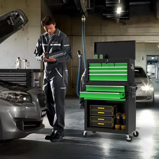 Alt view image 2 of 6 - 8 Drawer Rolling Tool Chest, Large Capacity Rolling Tool Box with Wheels, Locking Mechanical Tool Chest, Portable Tool Box with Sliding Drawers for Garage Workshop and Tool Room (Black Green)