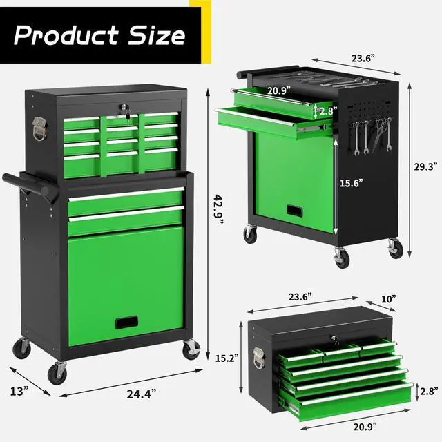 Alt view image 3 of 6 - 8 Drawer Rolling Tool Chest, Large Capacity Rolling Tool Box with Wheels, Locking Mechanical Tool Chest, Portable Tool Box with Sliding Drawers for Garage Workshop and Tool Room (Black Green)