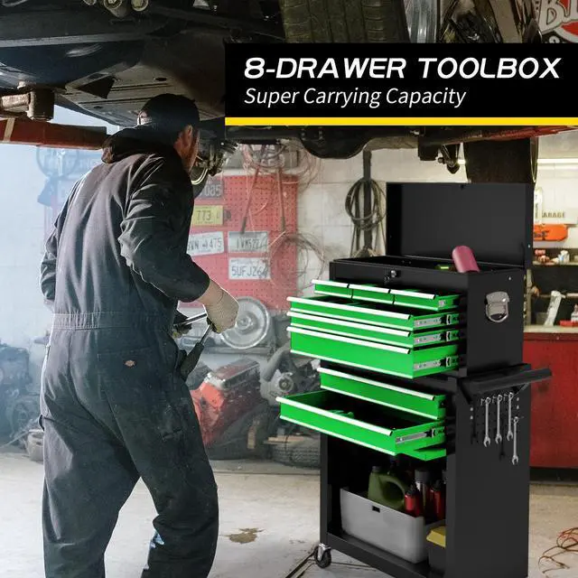 Alt view image 4 of 6 - 8 Drawer Rolling Tool Chest, Large Capacity Rolling Tool Box with Wheels, Locking Mechanical Tool Chest, Portable Tool Box with Sliding Drawers for Garage Workshop and Tool Room (Black Green)