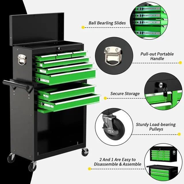 Alt view image 5 of 6 - 8 Drawer Rolling Tool Chest, Large Capacity Rolling Tool Box with Wheels, Locking Mechanical Tool Chest, Portable Tool Box with Sliding Drawers for Garage Workshop and Tool Room (Black Green)