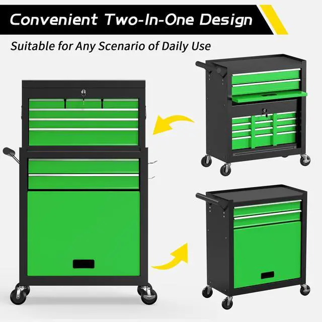 Alt view image 6 of 6 - 8 Drawer Rolling Tool Chest, Large Capacity Rolling Tool Box with Wheels, Locking Mechanical Tool Chest, Portable Tool Box with Sliding Drawers for Garage Workshop and Tool Room (Black Green)