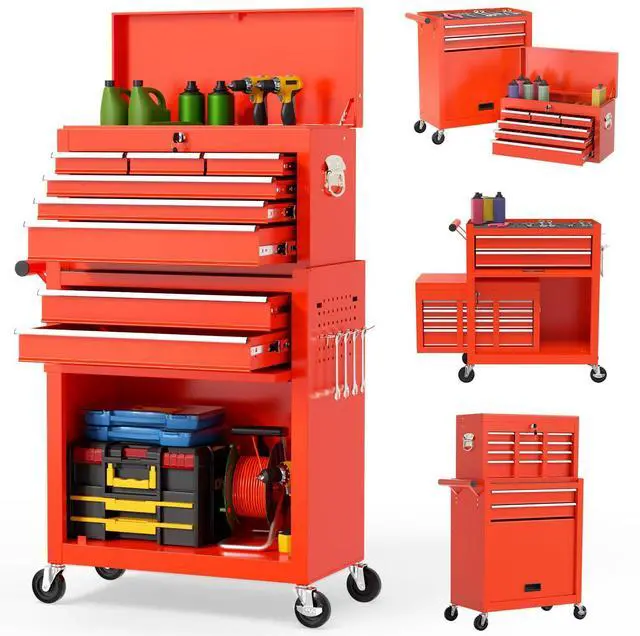 Main image of 8 Drawer Rolling Tool Chest, Large Capacity Rolling Tool Box with Wheels, Locking Mechanical Tool Chest, Portable Tool Box with Sliding Drawers for Garage Workshop and Tool Room (Red)