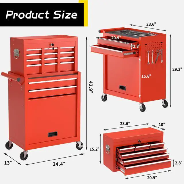 Alt view image 3 of 6 - 8 Drawer Rolling Tool Chest, Large Capacity Rolling Tool Box with Wheels, Locking Mechanical Tool Chest, Portable Tool Box with Sliding Drawers for Garage Workshop and Tool Room (Red)